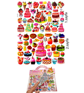 Sticker Kabartmalı Çantalı iki Sayfalı Sticker Seti (SW-027) - 24x15 cm- Pasta Kek Yiyecek