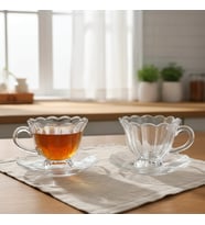 Olive Cam 6 Kişilik Tabaklı Büyük Çay Fincan Seti – 6 x 210 ml (Şeffaf)