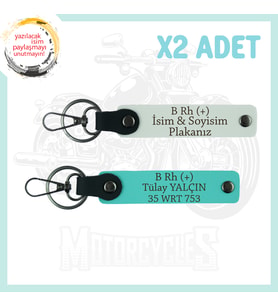 Beyaz-Turkuaz, Motor Severler İçin İsim Plaka ve B (+) Kan Grubu Yazılı Özel Tasarım 2'li Anahtarlık