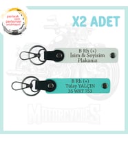 Beyaz-Turkuaz, Motor Severler İçin İsim Plaka ve B (+) Kan Grubu Yazılı Özel Tasarım 2'li Anahtarlık