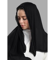Siyah Nikah Namaz Başörtüsü Eşarp Kesik Elyaf Boncuklu Güpürlü 202213_01