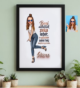 Kişiye Özel Karikatürlü Beni Anlamak Zeka İster Siyah Çerçeve Doğum Günü Hediyesi