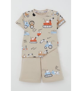 Breeze Erkek Çocuk Şortlu Takım Eğlenceli İş Makineleri Desenli 1.5-5 Yaş, Bej