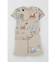 Breeze Erkek Çocuk Şortlu Takım Eğlenceli İş Makineleri Desenli 1.5-5 Yaş, Bej