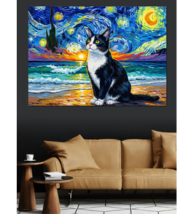 Yıldızlı Gece Ve Kedi Dekoratif Kanvas - Mdf Ahşap Tablo