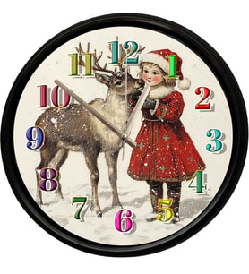 Noel Kız ve Geyik Temalı Dekoratif Duvar Saati 28 Cm Sessiz Mekanizma