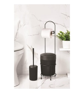 Metal Standlı Yuvarlak Kovalı & Kağıtlıklı & Fırçalıklı Siyah Banyo Takımı