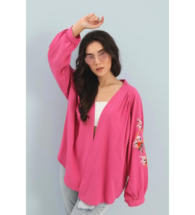 Kimono Reglan Kol Nakışlı Keten - Fuşya