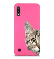 Samsung Galaxy M10 Uyumlu Lansman Kılıf Catface Tasarımlı İçi Kadife Kapak-Neon Pembe (Şeffaf)