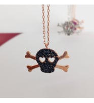 925 Ayar Gümüş Skull Kuru Kafa Tasarım Zirkon Taşlı Trend Kadın Kolye Gold-siyah Doğum Günü Hediye