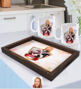 BK Gift Kişiye Özel İsimli Kadın Motorcu Karikatürlü Doğal Ahşap Tepsi ve 2’li Kupa Bardak Seti-2