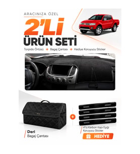 MITSUBISHI L200 (2005-2015) Uyumlu Torpido Örtüsü + Deri Bagaj Çantası + Sticker Seti - Siyah