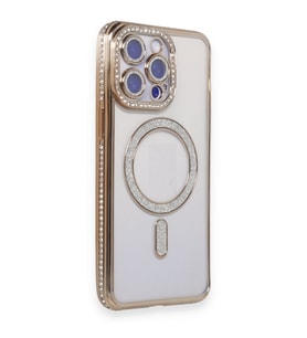 Apple iPhone 16 Pro için Magsafe ile uyumlu Kılıf Simli Kamera Kenar Taşlı Kapak (Gold)