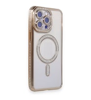 Apple iPhone 16 Pro için Magsafe ile uyumlu Kılıf Simli Kamera Kenar Taşlı Kapak (Gold)