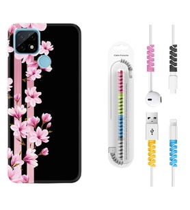 Realme C11 C21 C21Y C25Y C11 2021 Kılıf Kablo Koruma Spiral Silikon Pink Flowers 3 1393