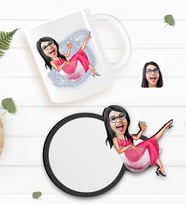 BK Gift Kişiye Özel Kadın Patroniçe Karikatürlü Beyaz Kupa ve Ahşap Bardak Altlığı Hediye Seti-1