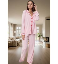 2'li Kalp Detaylı Viskon Pijama Takımı; Rahat ve Şık Kışlık Seçkin Malzeme Premium Kalite (Pembe)