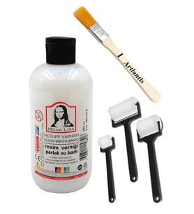 Resim Verniği 250 ml Su Bazlı 1 Adet Zemin Fırçası ve Rulo Fırça Resim Parlatıcı Vernik Hobi Sanat Akrilik Guaj Yağlı Boya (Renksiz)