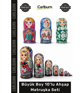 Özel Üretim El Boyaması Doğal Dekoratif Otantik Geleneksel Büyük Boy 10'lu Ahşap Matruşka Seti