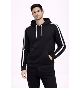 Erkek Şeritli Kapüşonlu Sweatshirt Oversize 3 Iplik Pamuklu - Siyah