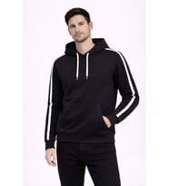 Erkek Şeritli Kapüşonlu Sweatshirt Oversize 3 Iplik Pamuklu - Siyah