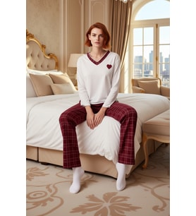 Kadın Kalpli Ekose Detaylı Pijama Takımı Fonksiyonel Dayanıklı Kaliteli Konforlu Estetik Şık