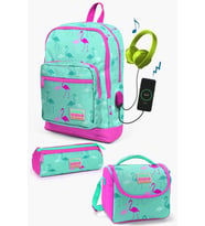 Coral High Kids Su Yeşili Neon Pembe Flamingo Desenli USB'li 3’lü Okul Çanta Seti - Kız Çocuk