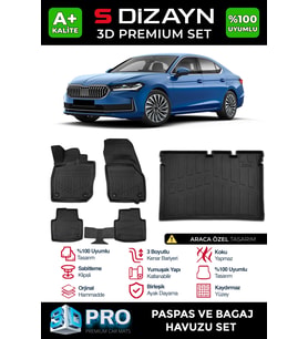 S-Dizayn Skoda SuperB 3D Pro Havuzlu Paspas ve Bagaj Havuzu Seti (2'li SET) 2024 Üzeri A+ Kalite