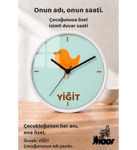 İsme Özel Turuncu Kuş Figürlü Çocuk Odası Duvar Saati Orta Boy 30 cm Beyaz Camlı Sessiz
