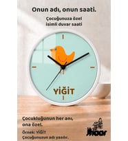 İsme Özel Turuncu Kuş Figürlü Çocuk Odası Duvar Saati Orta Boy 30 cm Beyaz Camlı Sessiz