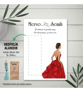 Hediyelik Kart - Kırmızı Elbiseli Kız Kına Hatırası Makrome Anahtalık, Toka, Kurabiye, Kahve Kartı