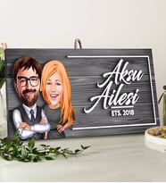BK Gift Kişiye Özel Aile Karikatürlü Gri Dekoratif Ahşap Tabela