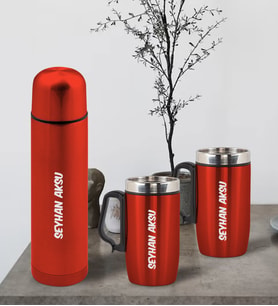 BK Gift Kişiye Özel Deri Çantalı Kırmızı Seyahat Termosu ve İkili Termos Mug Hediye Seti - 1