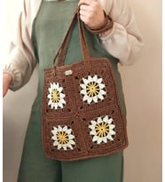 Tığ işi Papatyalı Kağıt ip Tote Çanta , Kahverengi Uzun Askılı Torba , Kemzey Handmade Çanta