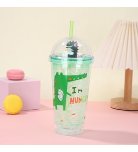 Timsah Işıklı ve Pipetli Bardak, 450 ml, Buzlu ve Kapaklı, Yeşil, 20x8 (Yeşil)
