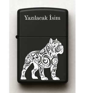 Tribal Köpek Desenli Kişiye Özel İsimli Siyah Benzinli Metal Çakmak