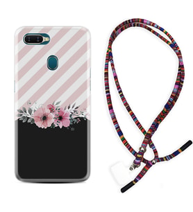 Oppo A5S A15 A16 A54 A55 A73 A74 Kılıf Boyun Asklı Rasta Silikon Strip Pink Flowers 1396