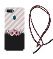 Oppo A5S A15 A16 A54 A55 A73 A74 Kılıf Boyun Asklı Rasta Silikon Strip Pink Flowers 1396