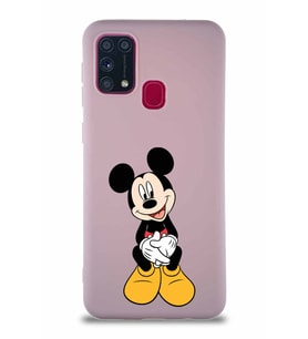 Samsung Galaxy M31 Soft Premier Kapak Mickey Mouse-A Tasarımlı Silikon Kılıf - Pudra (Şeffaf)