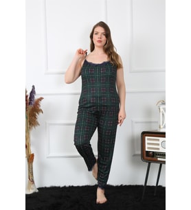Akbeniz Kadın Büyük Beden Yeşil Ekoseli İp Askılı Pijama Takım 202197