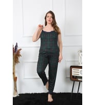 Akbeniz Kadın Büyük Beden Yeşil Ekoseli İp Askılı Pijama Takım 202197