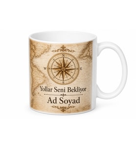 Harita ve Pusula Temalı Baskılı Kupa Bardak Gezgin Hediye Porselen Mug