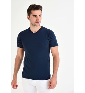 Dynamo  Erkek Basic Likralı V-Yaka T-shirt  - T-339 - Lacivert - L (Lacivert)