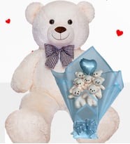 Peluş Ayı 90 Cm Sevgiliye Doğum Günü Hediyesi Set Özel Gün İçin Hediyelik Ayıcık Ve Balonlu Kalpli Mavi Buketi (Beyaz)