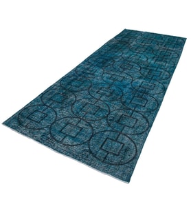 Turkuaz El Dokuma Halı Modern Eskitme Stil Geometrik Desenli Salon ve Koridor İçin Yün Yolluk