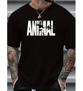 Erkek ANIMAL Baskılı Tişört Bisiklet YakaYazlık T-shirt - Siyah