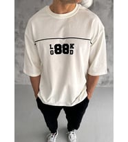 Erkek Kısa Kol Yazlık Tişört Bisiklet Yaka Baskılı Oversize T-Shirt - Beyaz