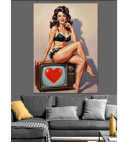 Kırmızı Kalpli Pin-Up Kız Dekoratif Kanvas - Mdf Ahşap Tablo