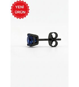 925 Ayar Gümüş Siyah Rodajlı 4 mm Zirkon Taşlı Tektaş Erkek Küpe (1 Adet) (Lacivert)