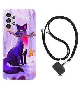 Samsung Galaxy M14 Kılıf Silikon Boyun Askılı İpli Desenli Silikon Mor Kurt 1614